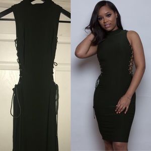 XS Green Narcissist' Khaki Side-Boob Lace Up Dress